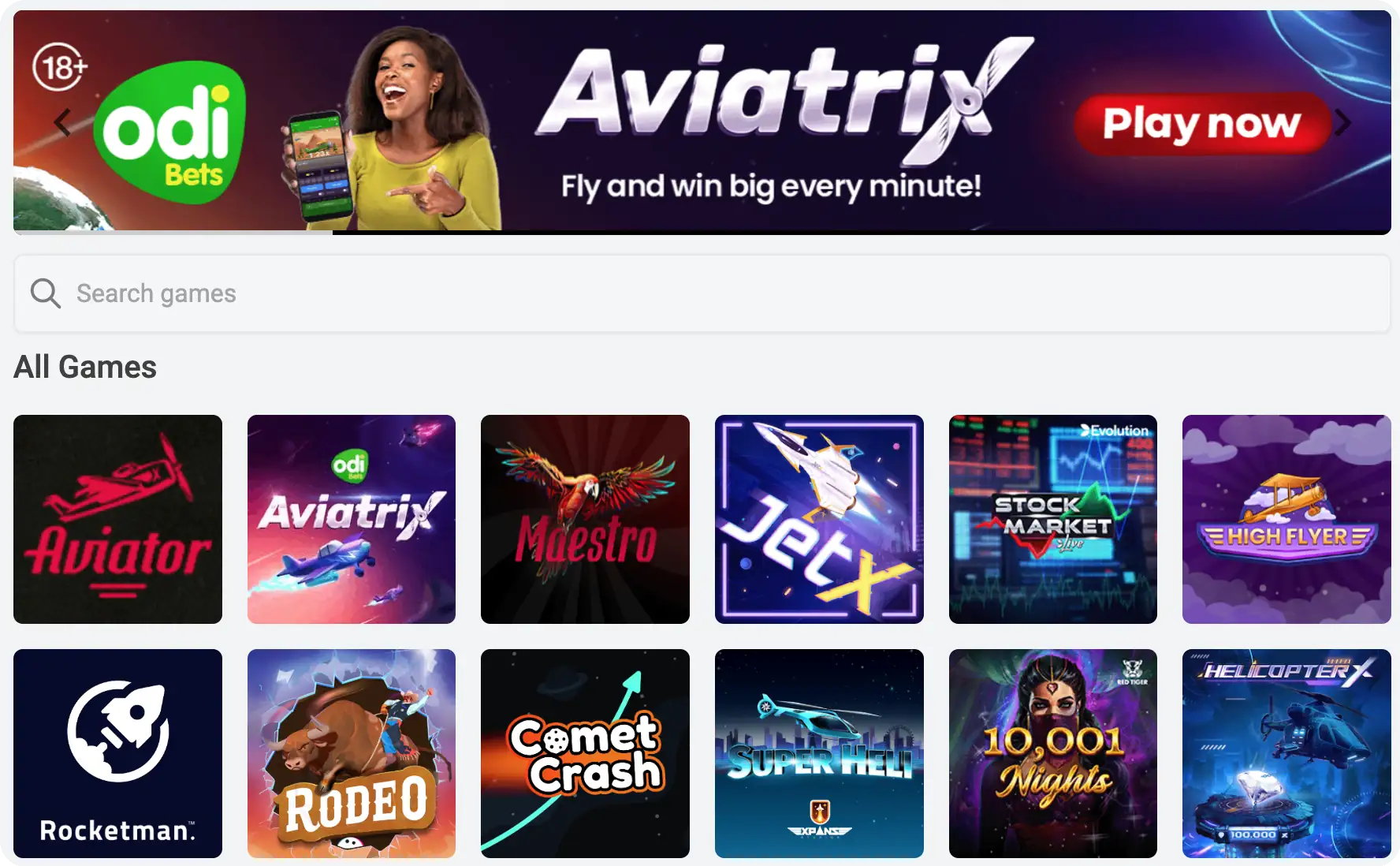 Variety of casino games available at Odibet Kenya