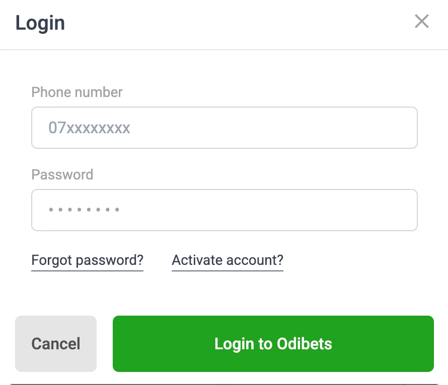 Odibet Kenya account login form screen