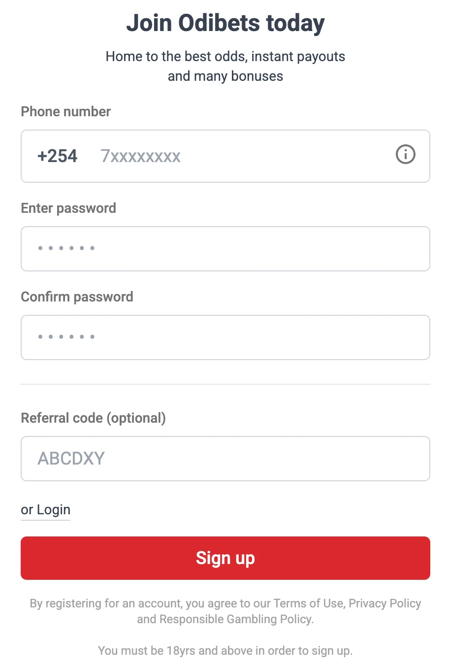 Odibet Kenya account registration form interface